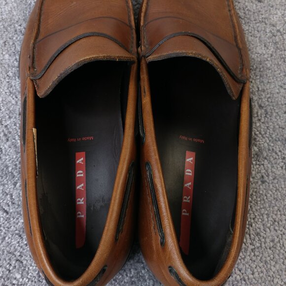 Prada Driving Shoes Mens Size 11.5 Loafers Slip On Brown Leather Designer - Picture 9 of 12
